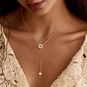Gold Lariat Pearl Flower Drop Necklace